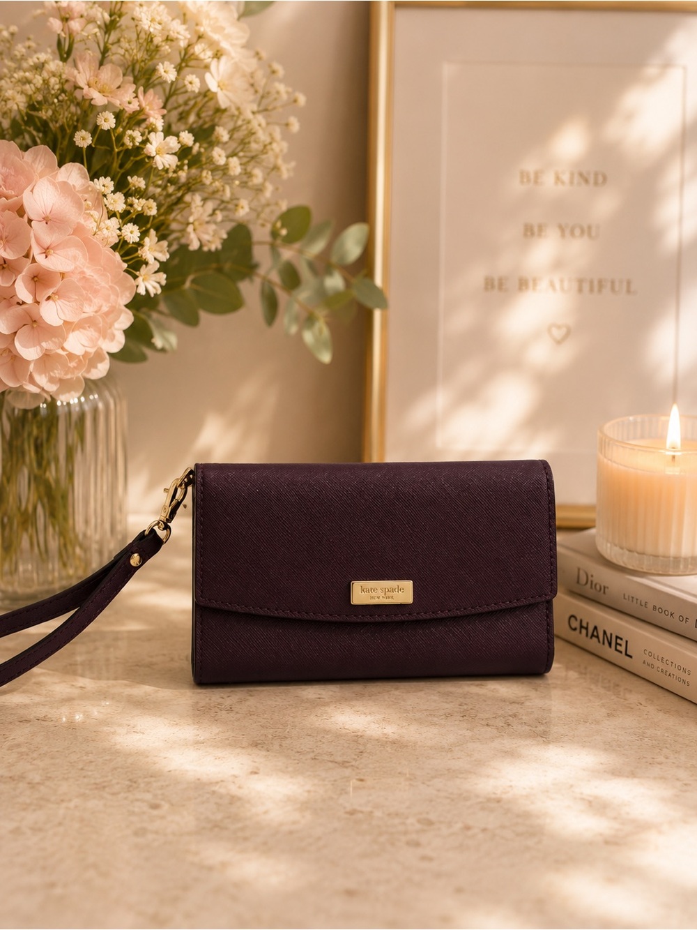 Kate Spade Women’s Burgundy Plum Leather Wallet Saffiano Wristlet Gold Accents